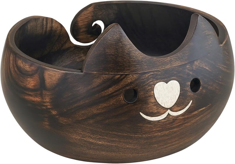 Eximious India Gifts for Women Cat Yarn Bowl Knitting Bowl Large Crochet Yarn Holder YB2203 Handmade Crocheting Accessories and Supplies Organizer 7 x 3 Wooden White Elephant Gifts - Image 3